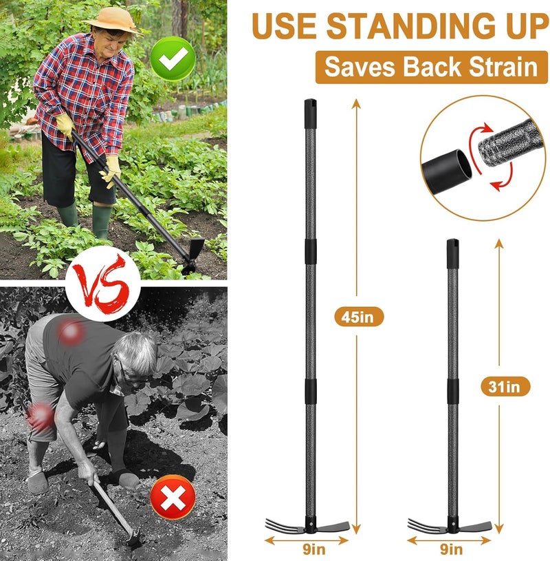PoPoHoser Garden Hoe Tool, 2-in-1 Heavy Duty Dual-Head Weeding Tool, 45" Adjustable Long Handle Cultivator for Weeding, Tilling, Lawn Yard Flower Bed Gardening Tool - Image 4